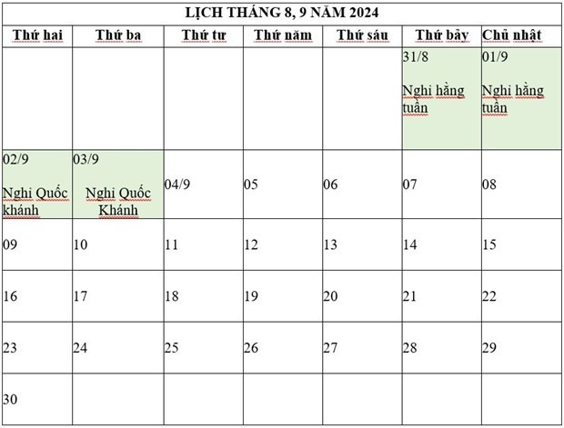 Nghỉ lễ Quốc khánh từ ngày 31/8/2024 đến hết ngày 3/9/2024. (Nguồn: VGP News) Nghỉ lễ Quốc khánh từ ngày 31/8/2024 đến hết ngày 3/9/2024. (Nguồn: VGP News)