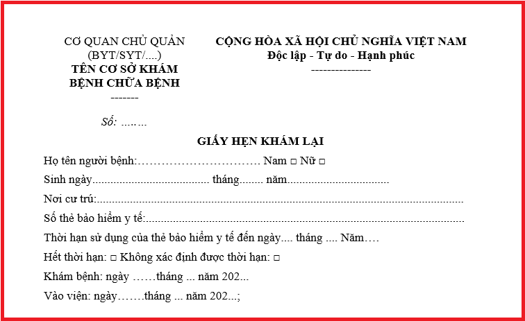 Quy định giấy hẹn khám lại bảo hiểm y tế từ ngày 2/12/2023