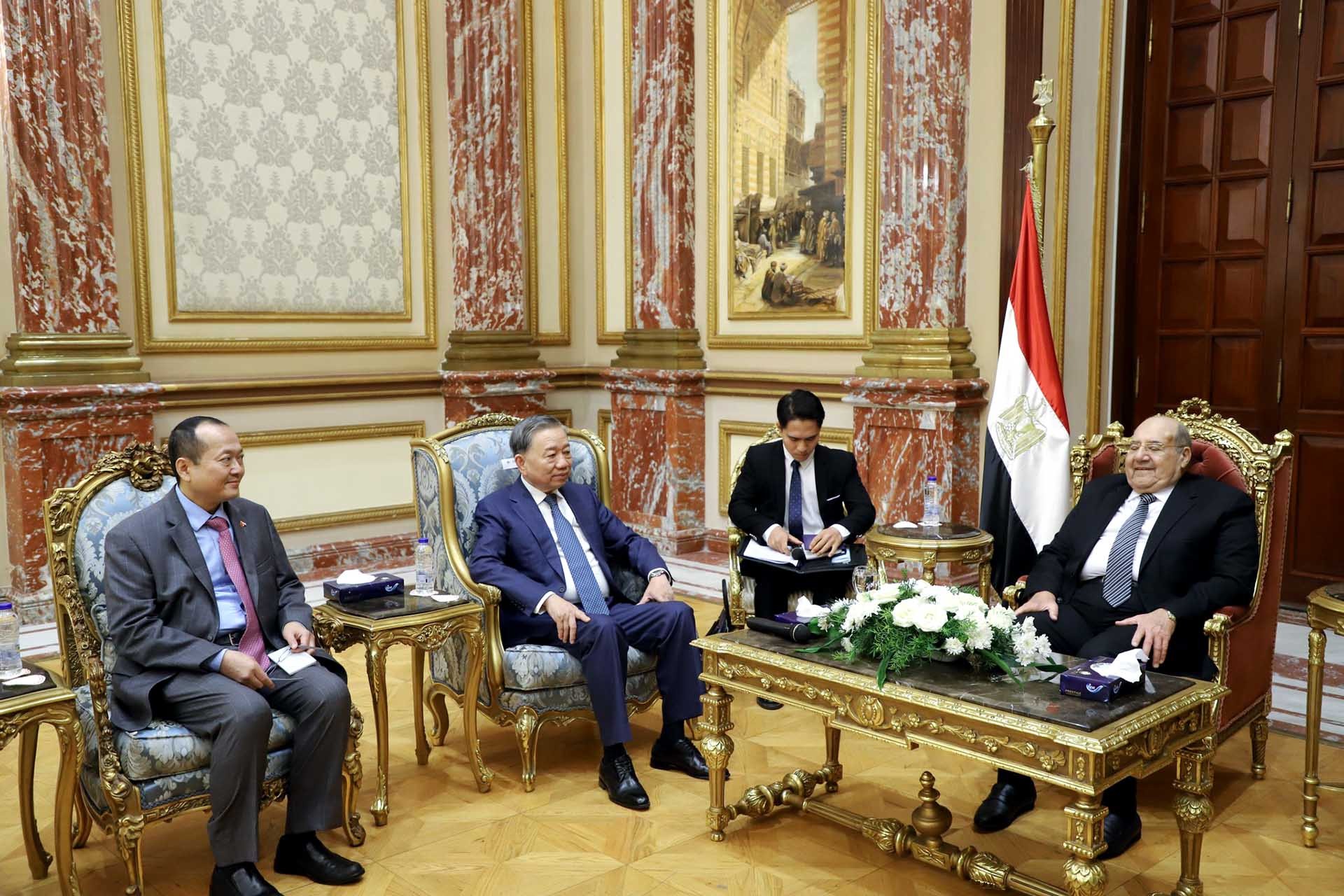 Đại tướng Tô Lâm, Ủy viên Bộ Chính trị, Bộ trưởng Bộ Công an hội kiến Chủ tịch Thượng viện Ai Cập đồng thời Chủ tịch Đảng Tương lai Quốc gia của Ai Cập Abdel-Wahab Abdel-Razek. 