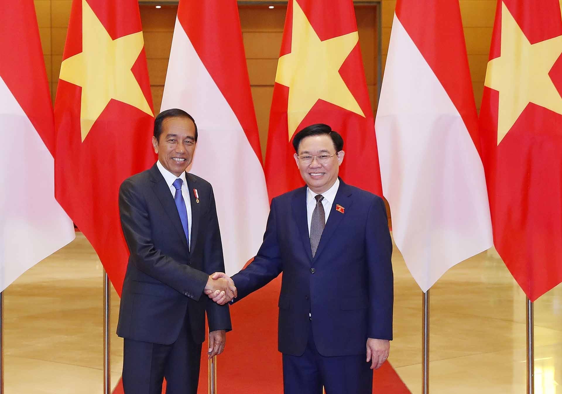 Chủ tịch Quốc hội Vương Đình Huệ và Tổng thống Indonesia Joko Widodo. (Nguồn: TTXVN) Chủ tịch Quốc hội Vương Đình Huệ và Tổng thống Indonesia Joko Widodo. (Nguồn: TTXVN)
