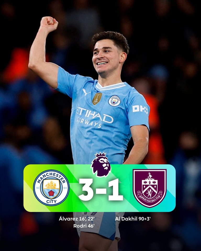 Ngoại hạng Anh: Julian Alvarez lập cú đúp, Man City thắng dễ trước Burnley