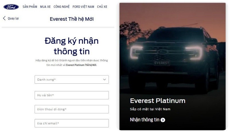 Website chính thức của Ford Việt Nam xác nhận thông tin sắp ra mắt Everest Platinum. Website chính thức của Ford Việt Nam xác nhận thông tin sắp ra mắt Everest Platinum.