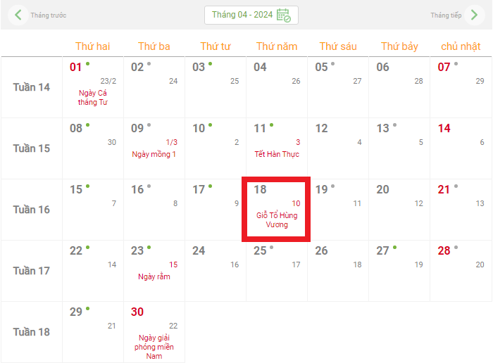 Lịch nghỉ Giỗ Tổ Hùng Vương (Mùng 10 tháng 3 Âm lịch) năm 2024 Lịch nghỉ Giỗ Tổ Hùng Vương (Mùng 10 tháng 3 Âm lịch) năm 2024
