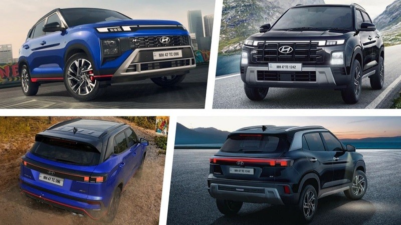 Hyundai Creta 2024 bản N Line (bên trái) sở hữu ngoại hình khỏe khoắn, thể thao hơn các bản tiêu chuẩn (bên phải).