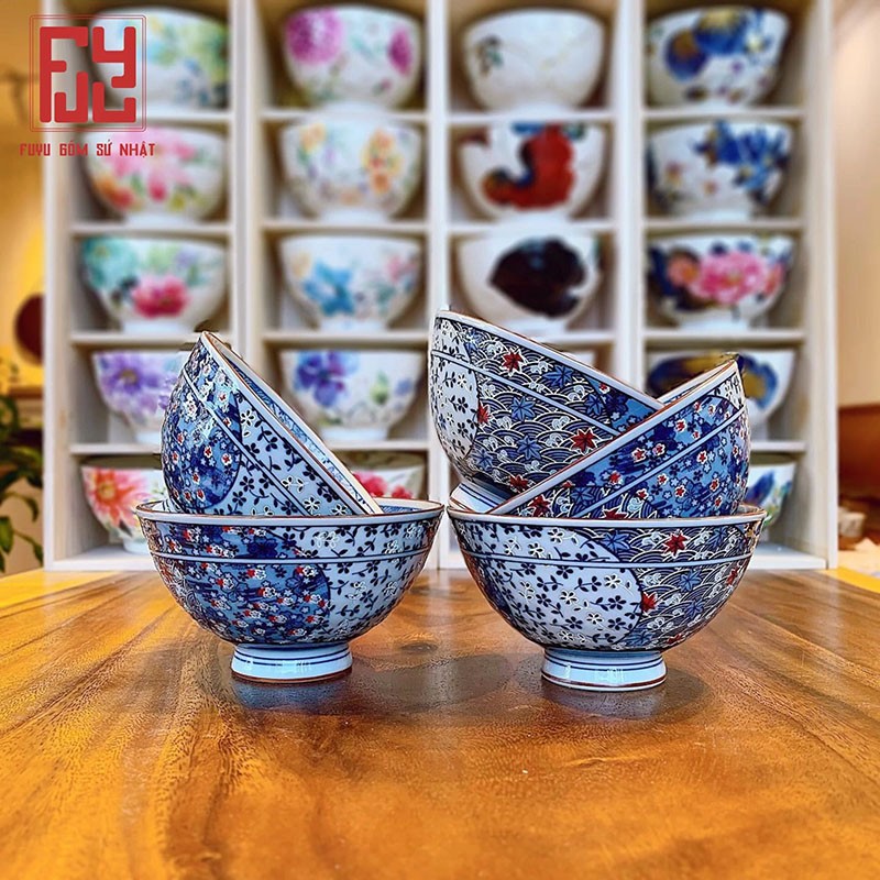 Bộ bát đĩa Lá Phong mang đậm nét Nhật Bản với màu xanh chủ đạo.