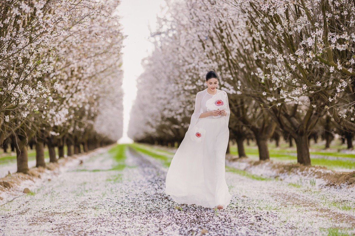 Hoa hậu Hà Kiều Anh cho biết, đầu tháng 3, cô có việc qua Mỹ nên tranh thủ đi chơi, ngắm vườn hoa hạnh nhân đang nở rộ ở thành phố Bakersfield, bang California.