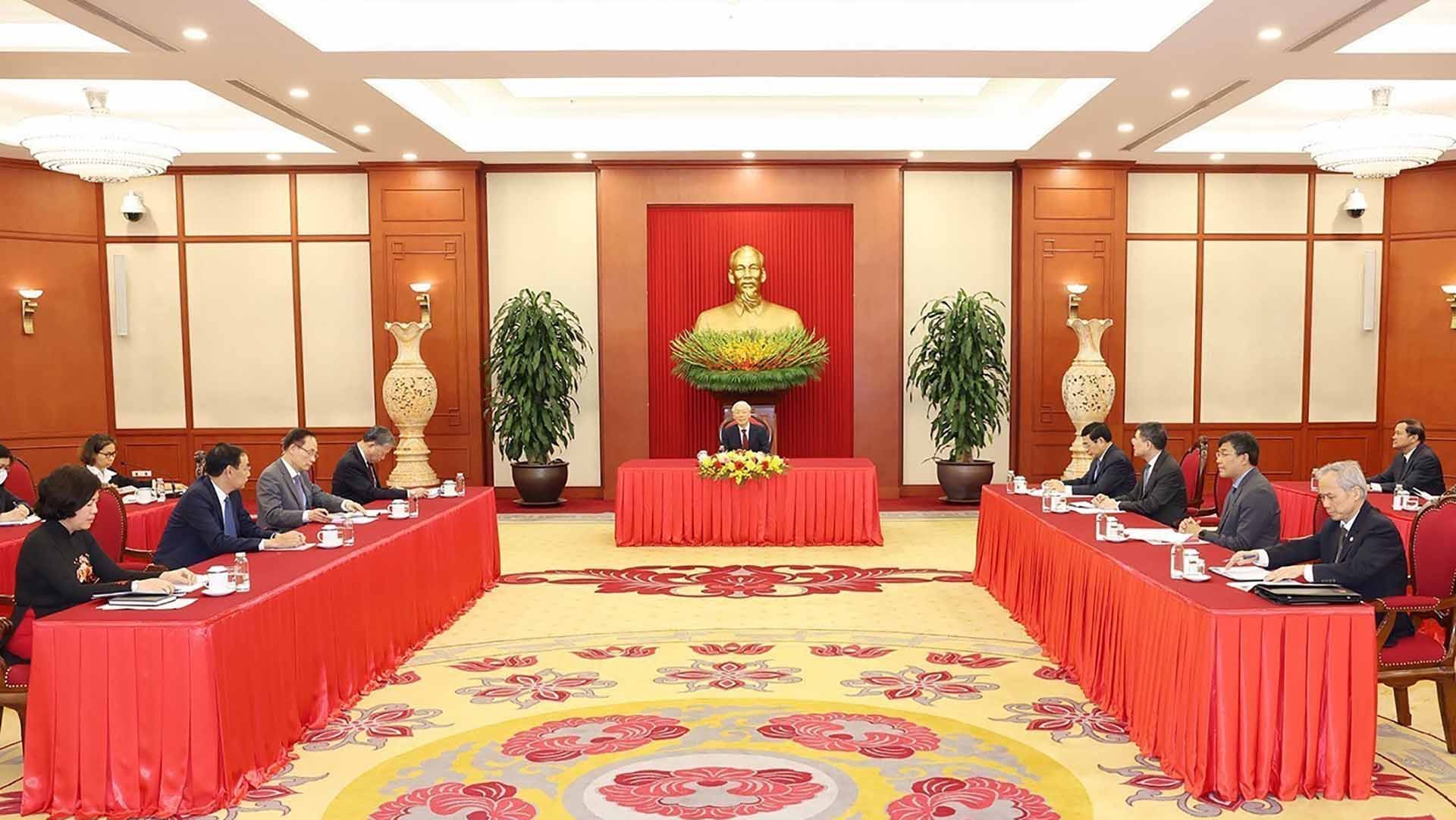 Tổng Bí thư Nguyễn Phú Trọng điện đàm với Tổng thống Nga Vladimir Putin ngày 26/3, tại trụ sở Trung ương Đảng. (Nguồn: TTXVN)