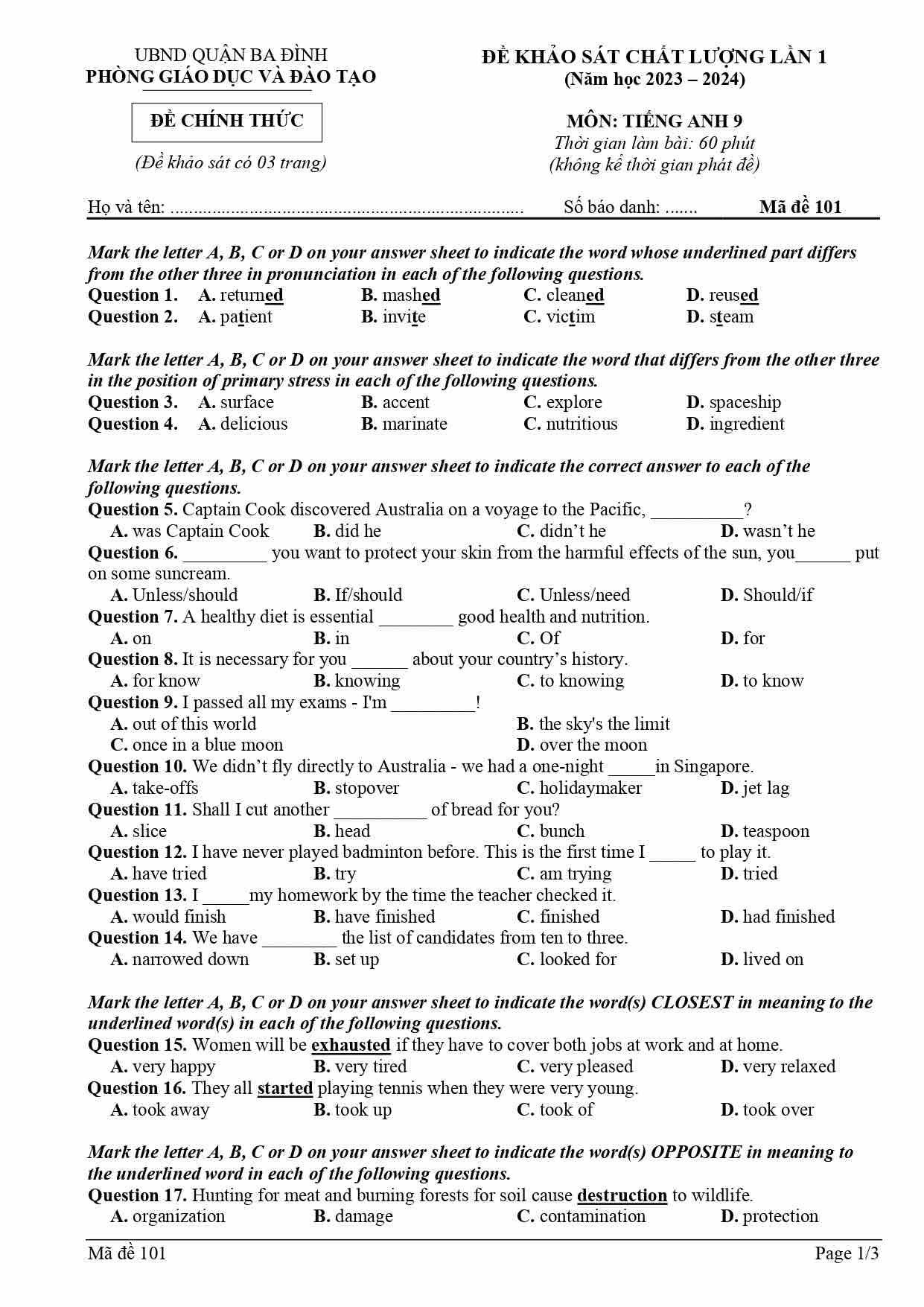 Đề thi thử lớp 10 môn Tiếng Anh của quận Ba Đình, Hà Nội