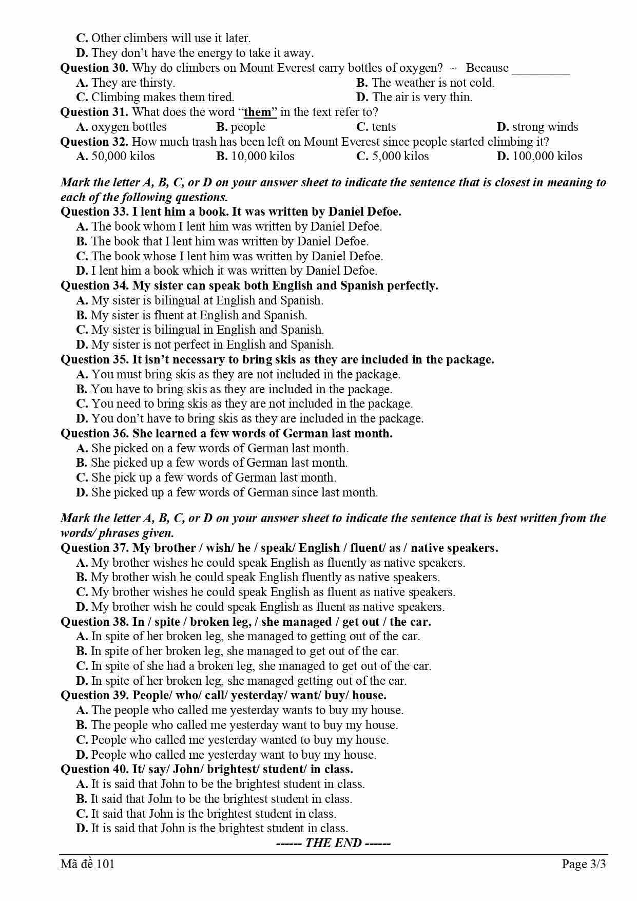 Đề thi thử lớp 10 môn Tiếng Anh của quận Ba Đình, Hà Nội