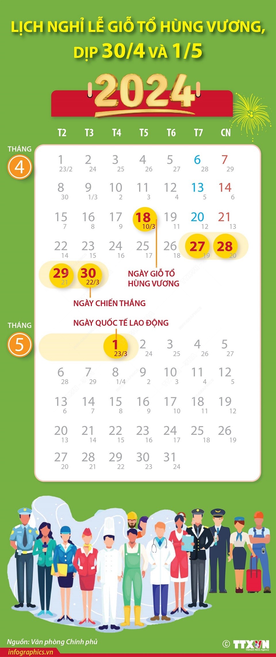 Lịch nghỉ lễ dịp Giỗ tổ Hùng Vương và 30/4 - 1/5/2024;