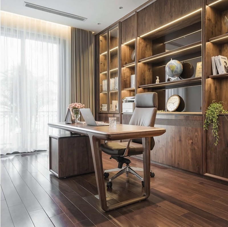 Bàn giám đốc gỗ óc chó cao cấp kèm tủ đựng đồ với tone màu tự nhiên