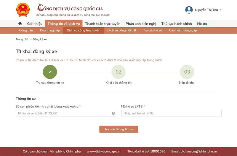 Hướng dẫn đăng ký xe trên Cổng dịch vụ công quốc gia
