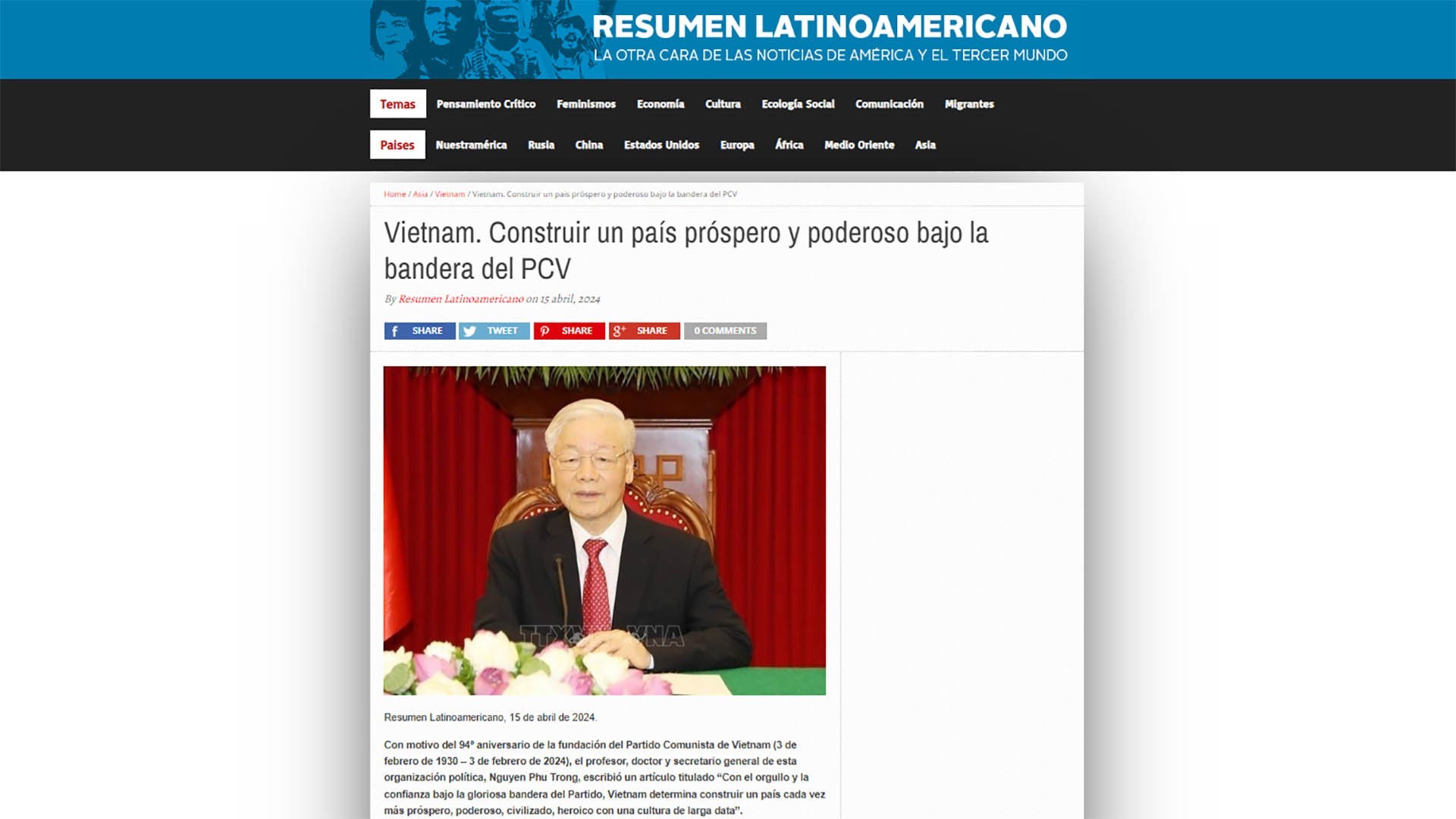 bao chi argentina dang bai viet cua tong bi thu nguyen phu trong