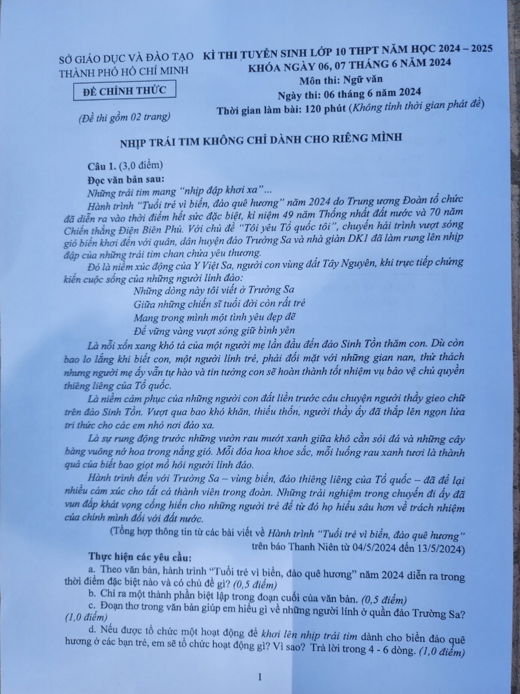 Đề thi văn lớp 10