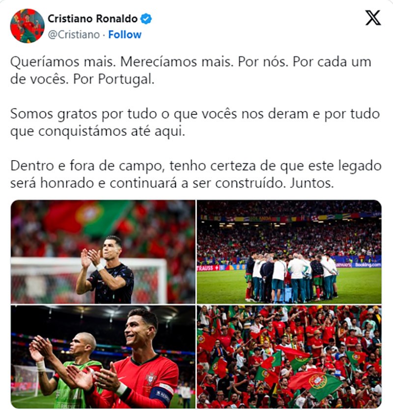 Ronaldo gửi thông điệp xúc động tới NHM Bồ Đào Nha trên trang mạng xã hội cá nhân của mình Ronaldo gửi thông điệp xúc động tới NHM Bồ Đào Nha trên trang mạng xã hội cá nhân của mình