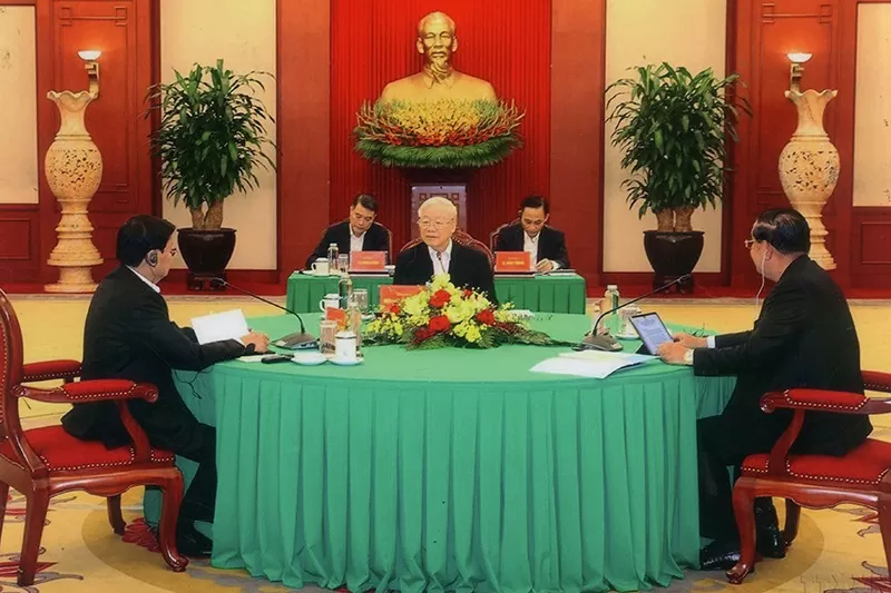 Tổng Bí thư Đảng Cộng sản Việt Nam Nguyễn Phú Trọng, Chủ tịch Đảng Nhân dân Campuchia (CPP), Thủ tướng Chính phủ Hoàng gia Campuchia Samdech Techo Hun Sen và Tổng Bí thư Đảng Nhân dân Cách mạng Lào, Chủ tịch nước Lào Thongloun Sisoulith tại cuộc gặp người đứng đầu 3 đảng Việt Nam - Campuchia - Lào (06/9/2023) General Secretary of the Communist Party of Viet Nam Nguyen Phu Trong, President of the Cambodian People’s Party, Prime Minister of Cambodia Samdech Techo Hun Sen, and General Secretary of Tổng Bí thư Đảng Cộng sản Việt Nam Nguyễn Phú Trọng, Chủ tịch Đảng Nhân dân Campuchia (CPP), Thủ tướng Chính phủ Hoàng gia Campuchia Samdech Techo Hun Sen và Tổng Bí thư Đảng Nhân dân Cách mạng Lào, Chủ tịch nước Lào Thongloun Sisoulith tại cuộc gặp người