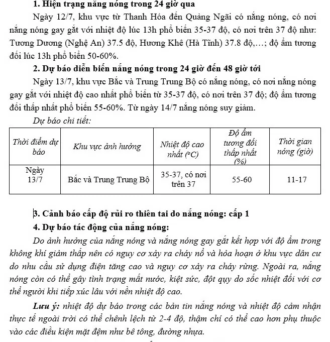 Dự báo thời tiết ngày mai (13/7): Dự báo thời tiết ngày mai (13/7): Bắc Bộ nắng nóng; Trung Bộ nắng nóng gay gắt; vùng núi Bắc Bộ, phía Nam chiều tối, đêm cục bộ mưa to đến rất to