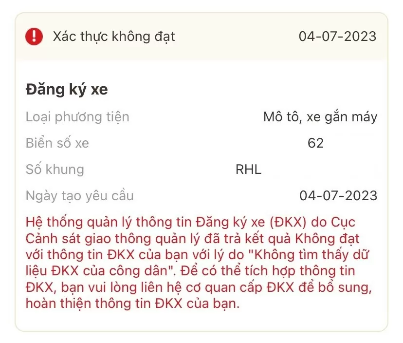 Tích hợp đăng ký xe vào VNeID bị từ chối thì phải làm sao? Tích hợp đăng ký xe vào VNeID bị từ chối thì phải làm sao?