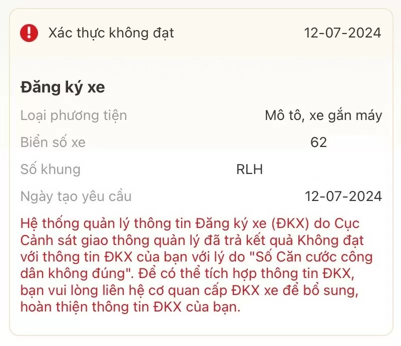 Tích hợp đăng ký xe vào VNeID bị từ chối thì phải làm sao? Tích hợp đăng ký xe vào VNeID bị từ chối thì phải làm sao?
