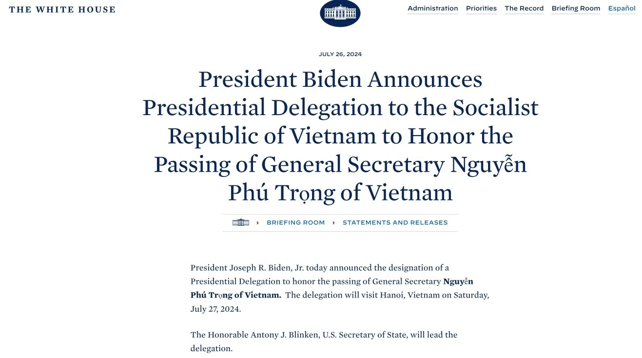 Nhà Trắng ra tuyên bố cử đoàn cấp cao sang Việt Nam viếng Tổng Bí thư Nguyễn Phú Trọng Nhà Trắng ra tuyên bố cử đoàn cấp cao sang Việt Nam viếng Tổng Bí thư Nguyễn Phú Trọng