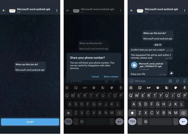 Bot Telegram đòi người dùng cung cấp số điện thoại để gửi file APK Bot Telegram đòi người dùng cung cấp số điện thoại để gửi file APK