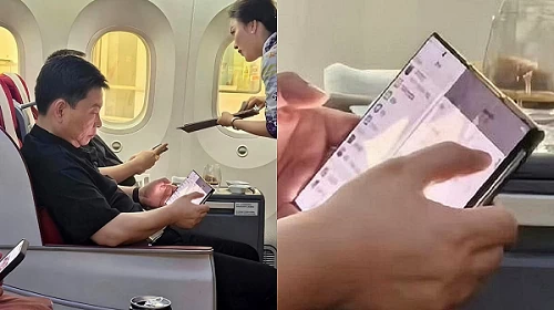 Hình ảnh CEO Richard Yu của Huawei sử dụng chiếc smartphone màn hình gập ba khi ngồi trên máy bay. (Nguồn: Digital Chat Station) Hình ảnh CEO Richard Yu của Huawei sử dụng chiếc smartphone màn hình gập ba khi ngồi trên máy bay. (Nguồn: Digital Chat Station)