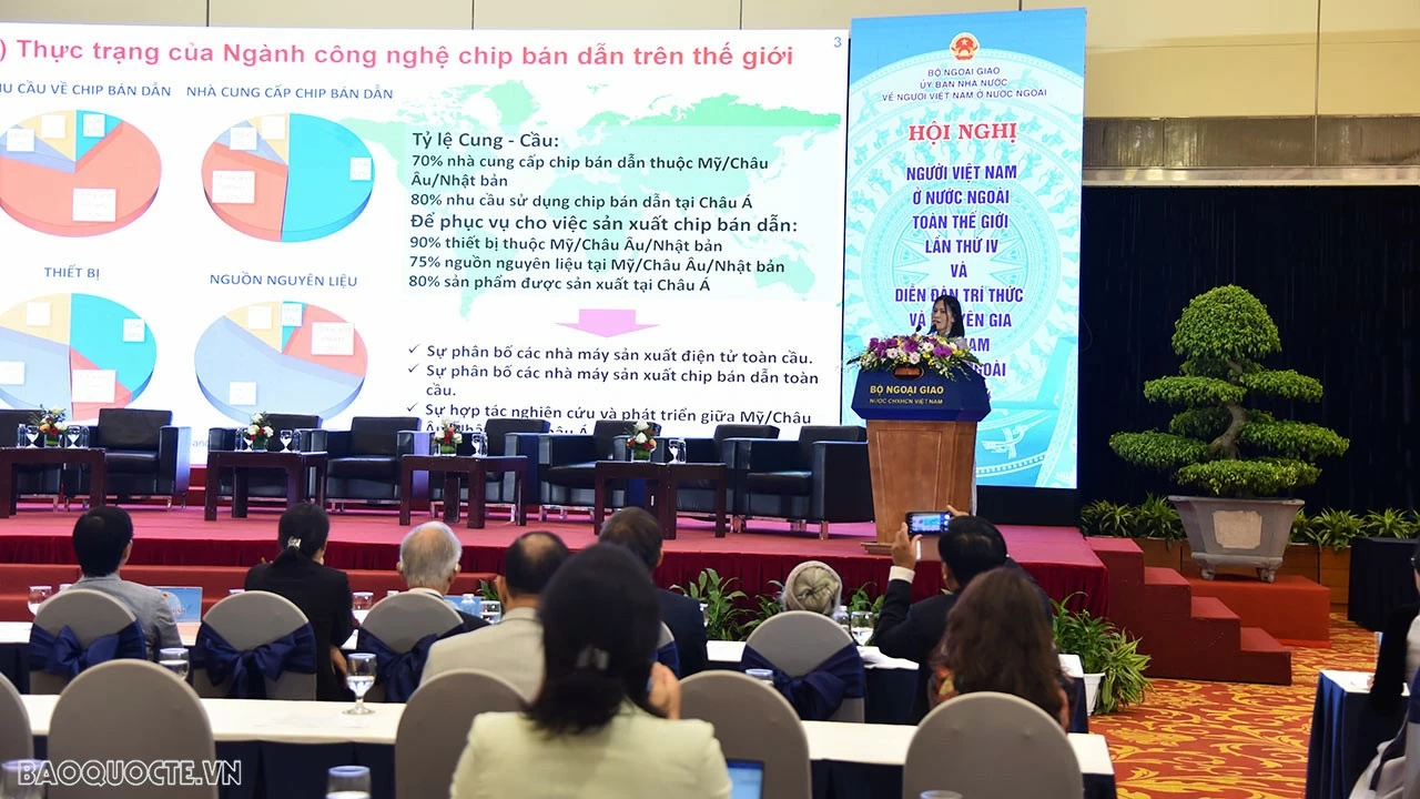 bà Nguyễn Thị Vân Anh, Trung tâm khoa học và đổi mới trong nghiên cứu Spintronics (sản xuất chip bán dẫn), thuộc Đại học Tohoku, Nhật Bản tham luận tại Phiên 1. (Ảnh: Anh Sơn) bà Nguyễn Thị Vân Anh, Trung tâm khoa học và đổi mới trong nghiên cứu Spintronics (sản xuất chip bán dẫn), thuộc Đại học Tohoku, Nhật Bản tham luận tại Phiên 1. (Ảnh: Anh Sơn)