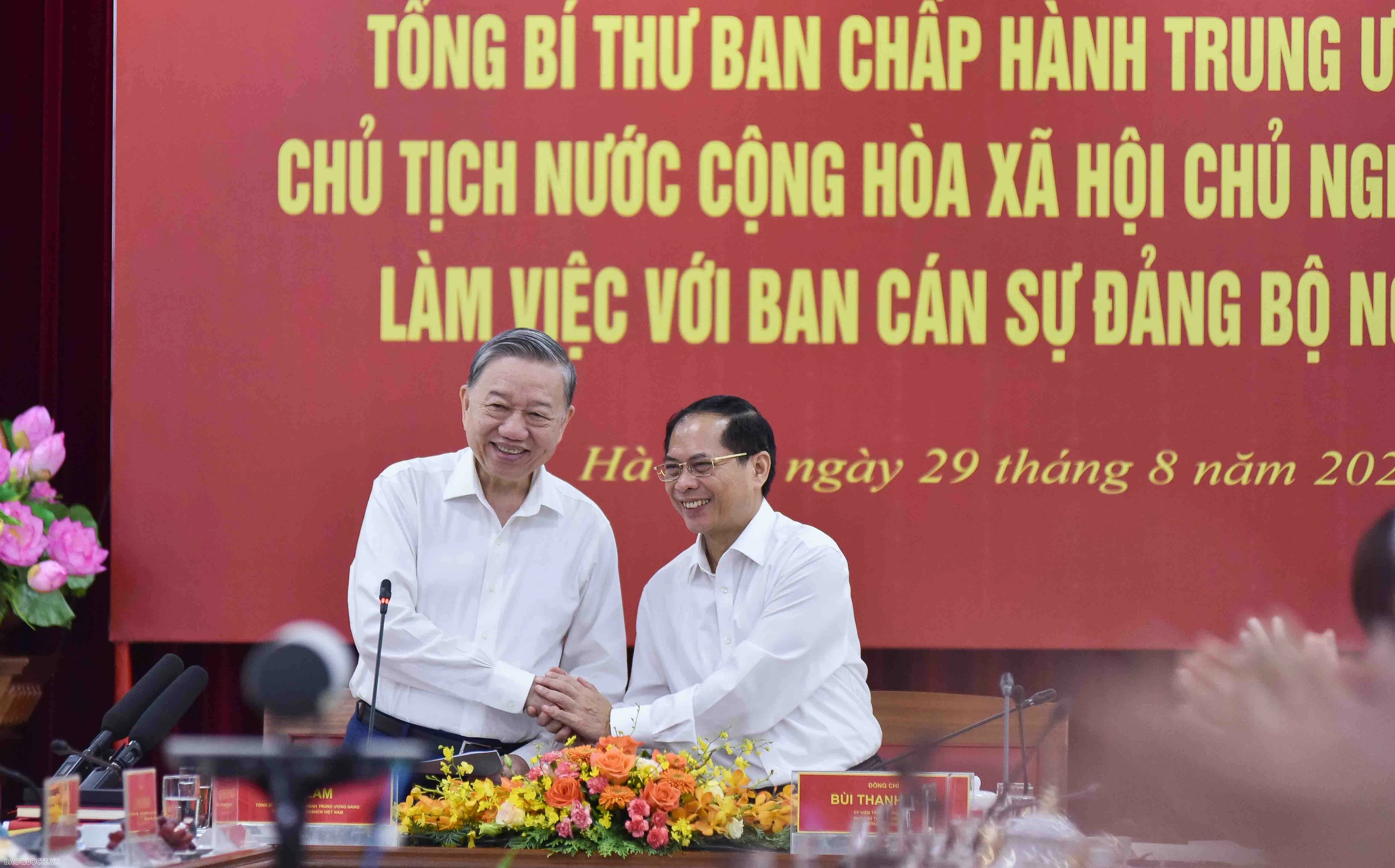 Tổng Bí thư, Chủ tịch nước Tô Lâm làm việc với Ban cán sự đảng Bộ Ngoại giao Tổng Bí thư, Chủ tịch nước: Ngoại giao Việt Nam phải vươn lên những tầm cao mới