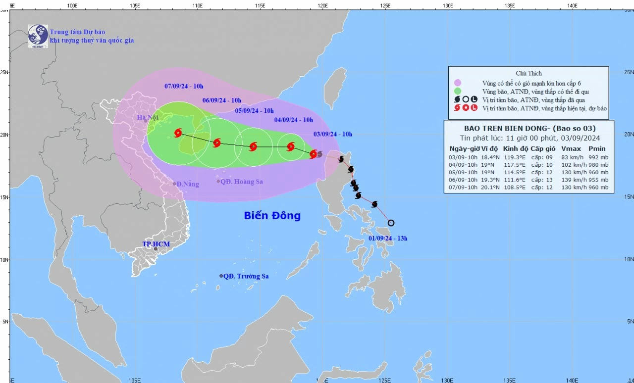 bão YAGI đã đi vào vùng biển phía Đông của khu vực Bắc Biển Đông, trở thành cơn bão số 3 trong năm 2024. (Nguồn: nchmf.gov.vn) bão YAGI đã đi vào vùng biển phía Đông của khu vực Bắc Biển Đông, trở thành cơn bão số 3 trong năm 2024. (Nguồn: nchmf.gov.vn)