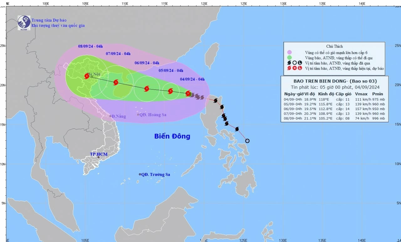 Dự báo, đến ngày 7/9, bão số 3 trên khu vực vịnh Bắc Bộ. (Nguồn: nchmf.gov.vn) Dự báo, đến ngày 7/9, bão số 3 trên khu vực vịnh Bắc Bộ. (Nguồn: nchmf.gov.vn)
