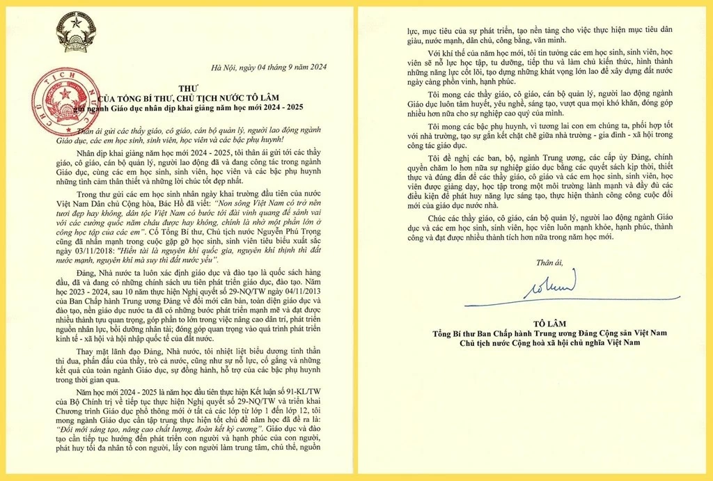 Thư của Tổng Bí thư, Chủ tịch nước Tô Lâm nhân ngày khai giảng năm học mới Thư của Tổng Bí thư, Chủ tịch nước Tô Lâm nhân ngày khai giảng năm học mới