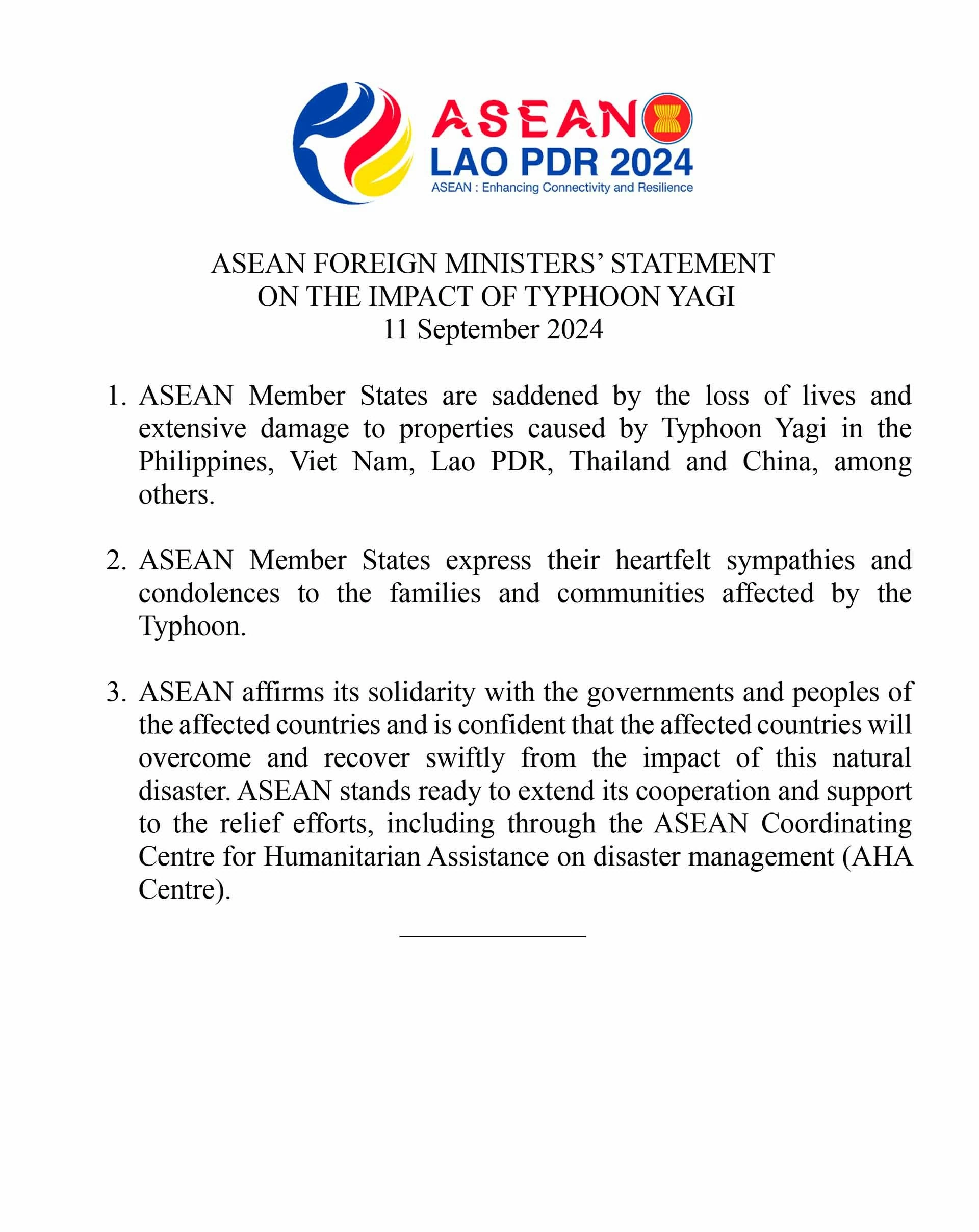 Các Bộ trưởng Ngoại giao ASEAN ra Tuyên bố về tác động của bão Yagi Các Bộ trưởng Ngoại giao ASEAN ra Tuyên bố về tác động của bão Yagi