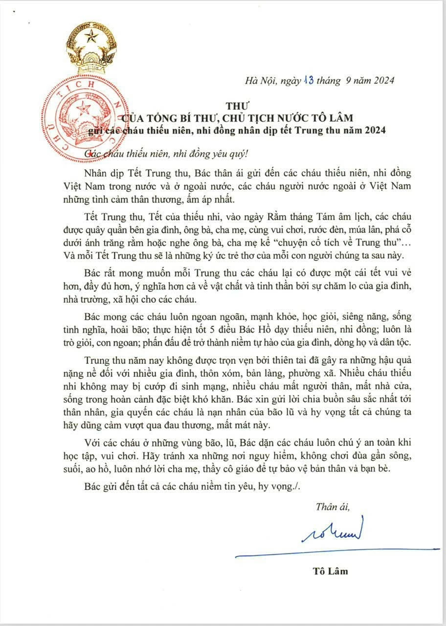 Thư chúc Tết Trung thu của Tổng Bí thư, Chủ tịch nước Tô Lâm Thư chúc Tết Trung thu của Tổng Bí thư, Chủ tịch nước Tô Lâm