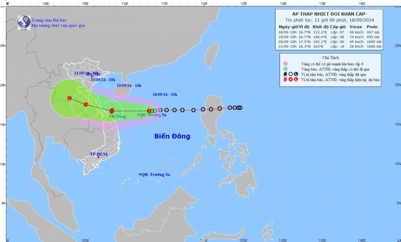 Dự báo: Khoảng 24 giờ tới, áp thấp nhiệt đới/bão trên vùng biển ven bờ Quảng Trị-Quảng Nam, cường độ gió cấp 8, giật cấp 10 Dự báo: Khoảng 24 giờ tới, áp thấp nhiệt đới/bão trên vùng biển ven bờ Quảng Trị-Quảng Nam, cường độ gió cấp 8, giật cấp 10