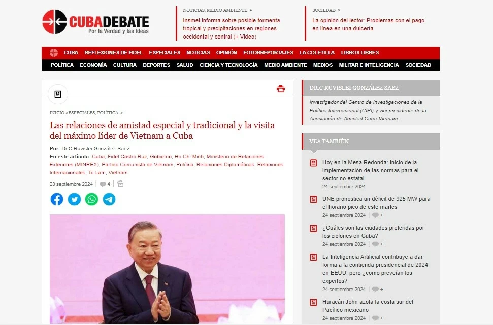 Truyền thông Cuba: Chuyến thăm của Tổng Bí thư, Chủ tịch nước Tô Lâm sẽ mở ra chương mới trong lịch sử quan hệ song phương Truyền thông Cuba: Chuyến thăm của Tổng Bí thư, Chủ tịch nước Tô Lâm sẽ mở ra chương mới trong lịch sử quan hệ song phương