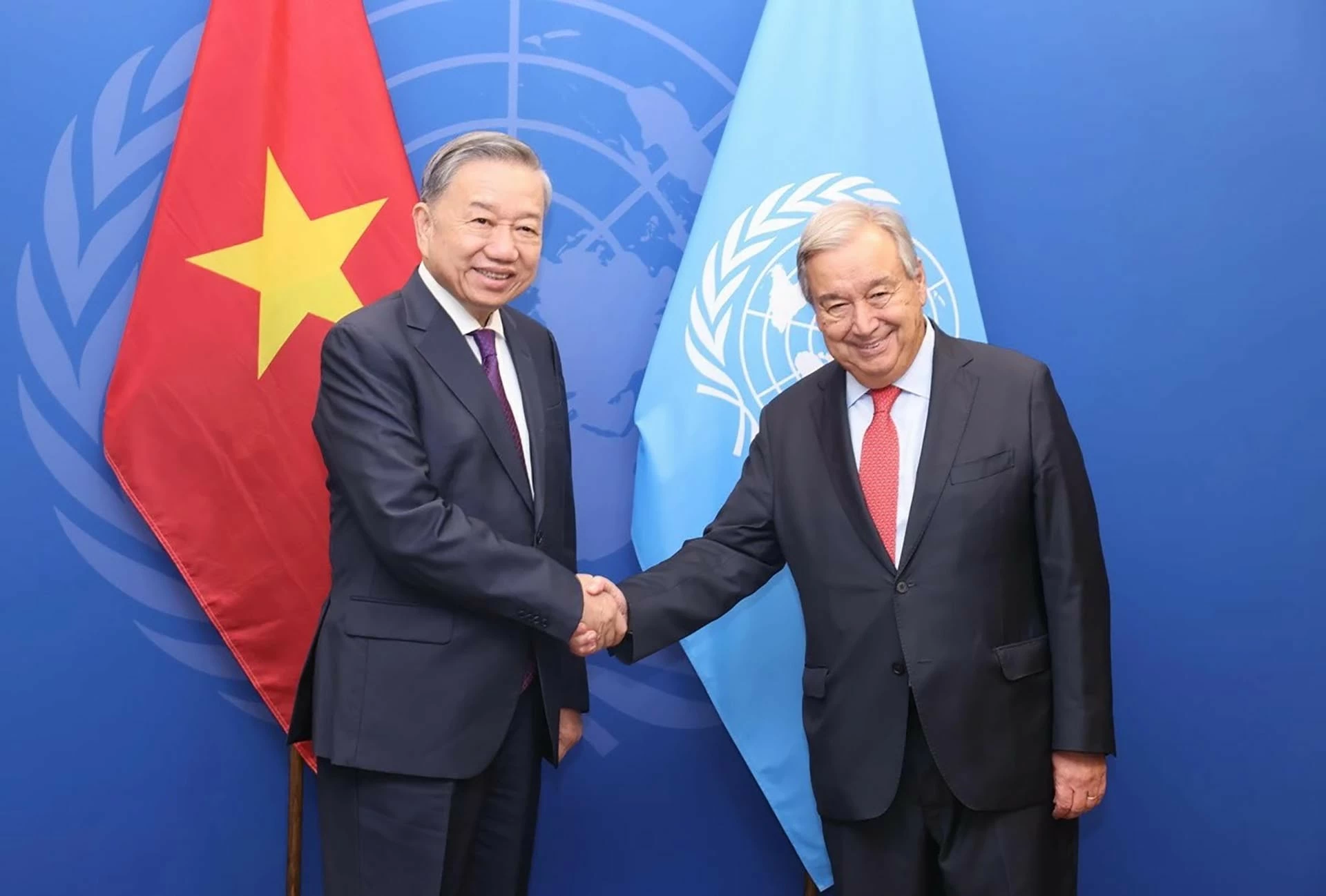 Tổng Bí thư, Chủ tịch nước Tô Lâm gặp Tổng thư ký Liên hợp quốc Antonio Guterres. (Nguồn: TTXVN) Tổng Bí thư, Chủ tịch nước Tô Lâm gặp Tổng thư ký Liên hợp quốc Antonio Guterres. (Nguồn: TTXVN)