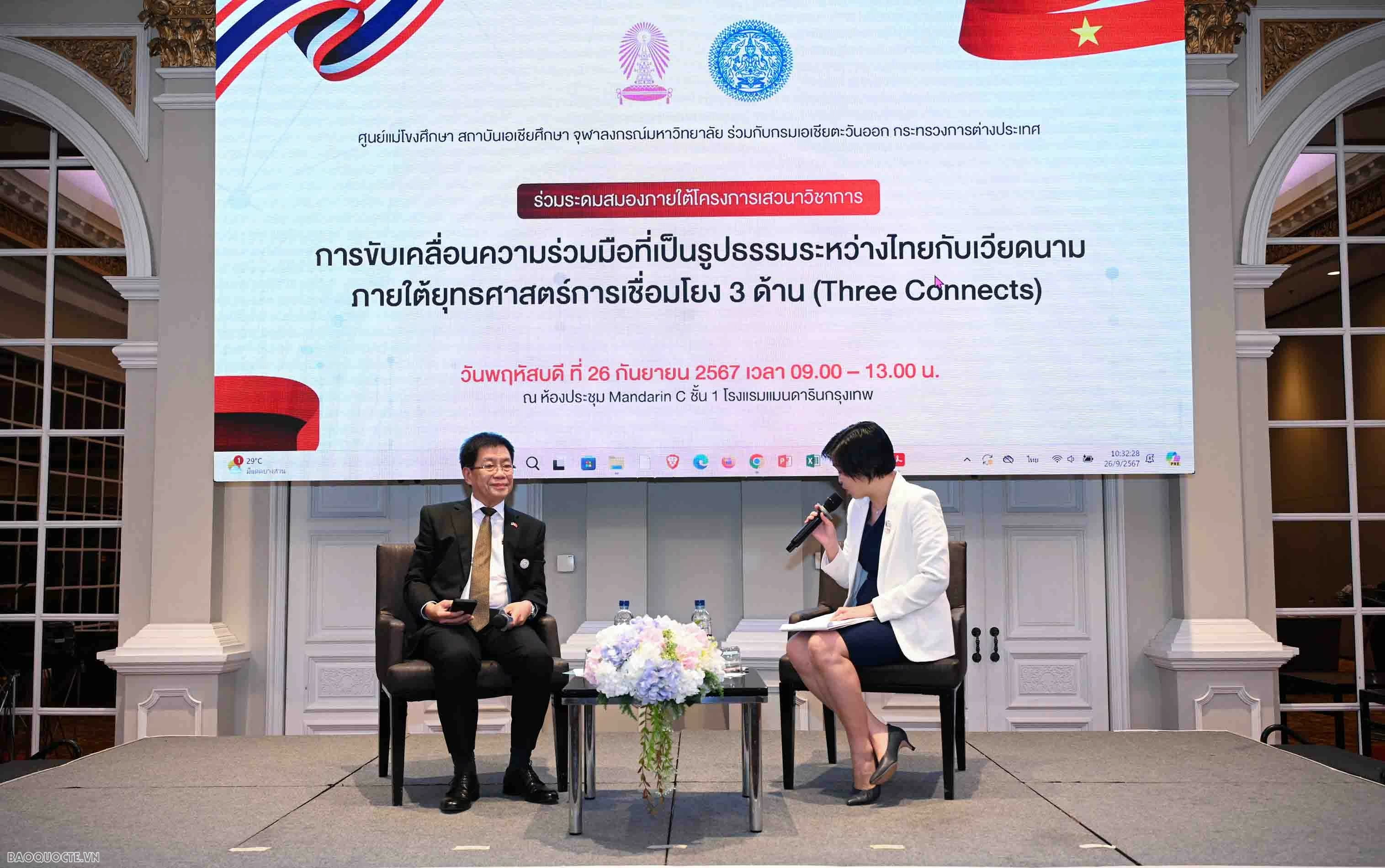 Hội thảo về thúc đẩy hợp tác Việt Nam-Thái Lan thông qua Chiến lược “Ba kết nối”, ngày 26/9/2024. (Nguồn: Đại sứ quán Việt Nam tại Thái Lan) Hội thảo về thúc đẩy hợp tác Việt Nam-Thái Lan thông qua Chiến lược “Ba kết nối”, ngày 26/9/2024. (Nguồn: Đại sứ quán Việt Nam tại Thái Lan)