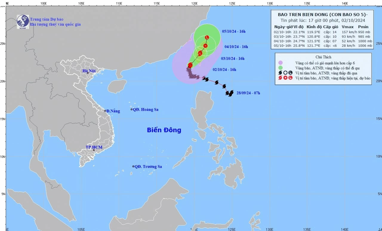 Dự báo thời tiết ngày mai (3/10): Bắc Bộ đêm và sáng sớm trời lạnh, vùng núi có nơi rét; Trung Bộ cục bộ mưa rất to; bão số 5 gió giật cấp 17 Dự báo thời tiết ngày mai (3/10): Bắc Bộ đêm và sáng sớm trời lạnh, vùng núi có nơi rét; Trung Bộ cục bộ mưa rất to; bão số 5 gió giật cấp 17