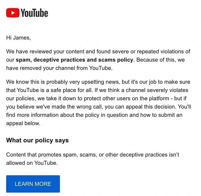 Người dùng bất ngờ nhận được email thông báo vi phạm của YouTube Người dùng bất ngờ nhận được email thông báo vi phạm của YouTube