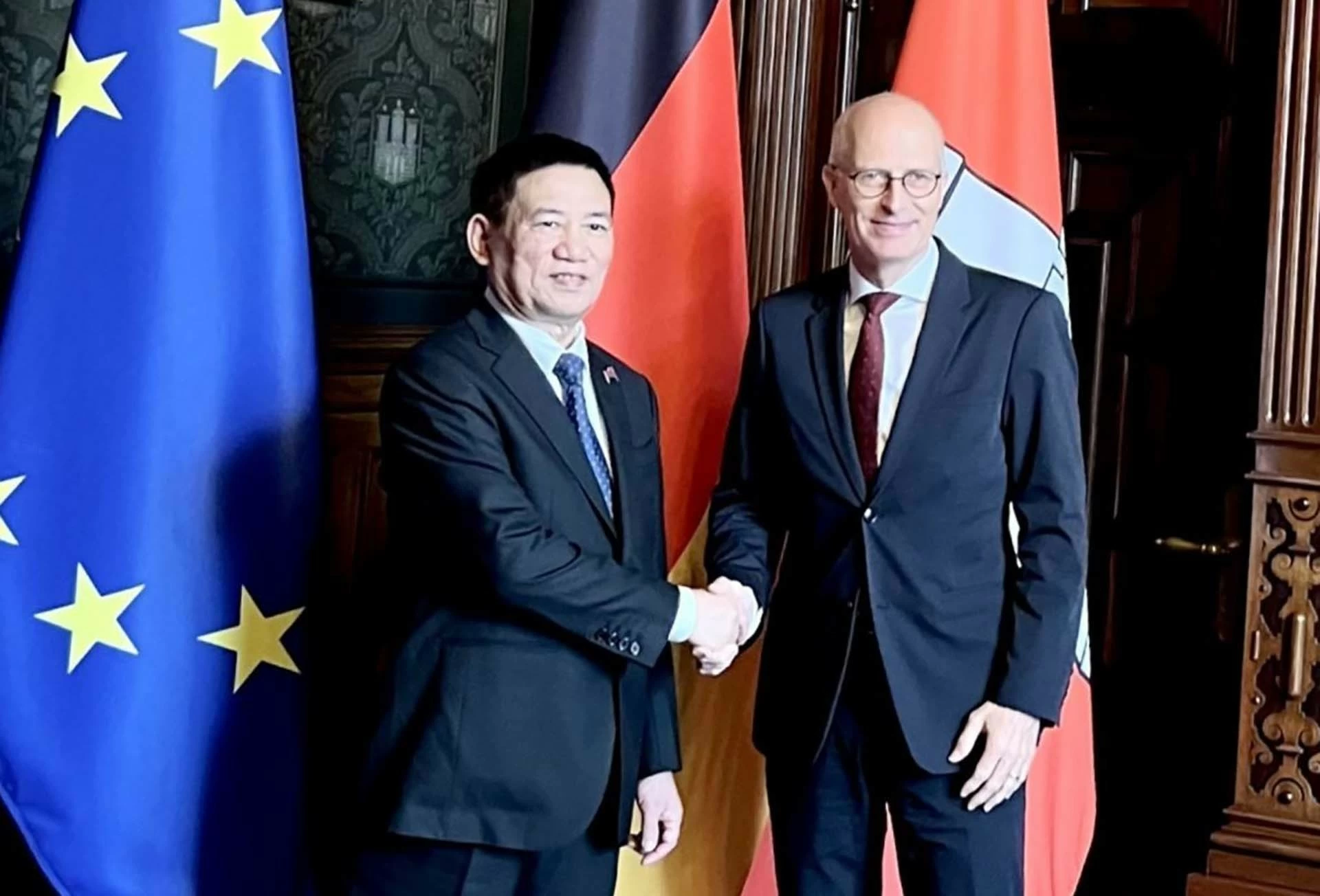 Phó Thủ tướng Hồ Đức Phớc làm việc với Thị trưởng thứ nhất thành phố Hamburg, Peter Tschenscher. (Nguồn: TTXVN)