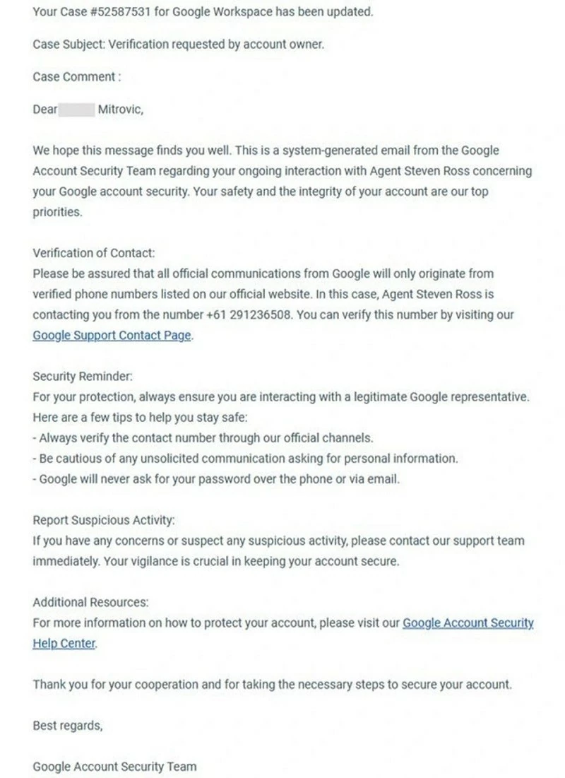 Nội dung email giả mạo được kẻ xấu gửi đến Sam Mitrovic Nội dung email giả mạo được kẻ xấu gửi đến Sam Mitrovic