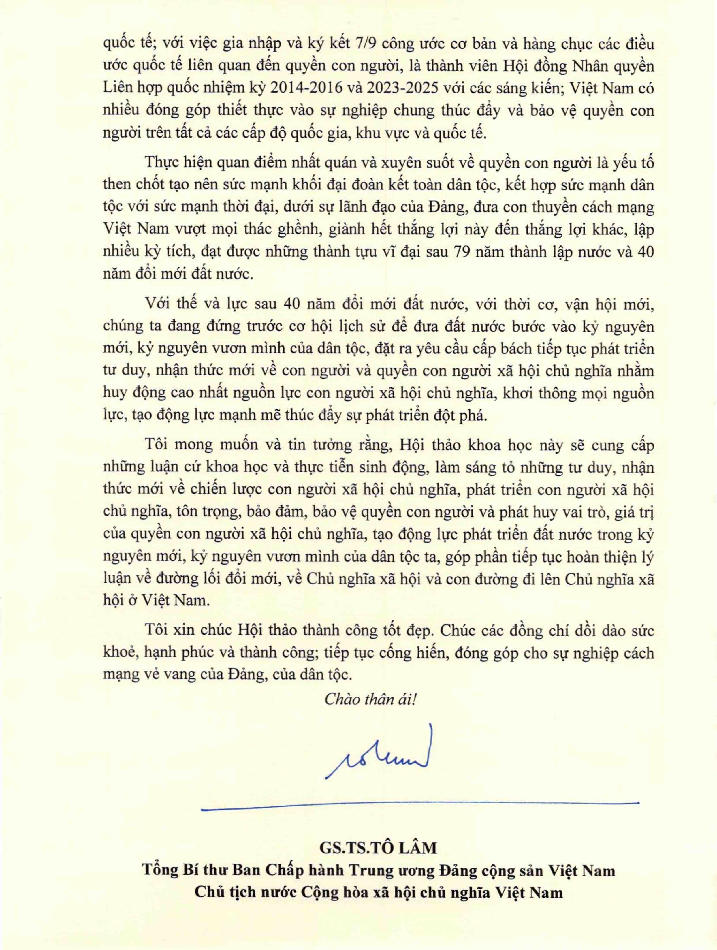 Thư của Tổng Bí thư, Chủ tịch nước gửi Hội thảo ‘Con người, quyền con người là trung tâm, mục tiêu, chủ thể và động lực phát triển đất nước’