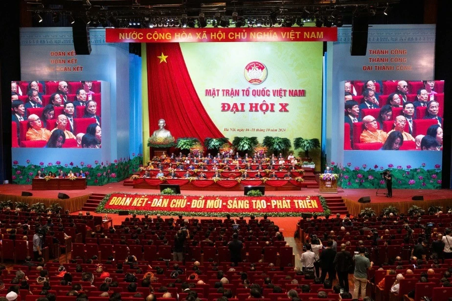 Toàn cảnh Đại hội đại biểu toàn quốc Mặt trận Tổ quốc Việt Nam lần thứ X, nhiệm kỳ 2024-2029. (Nguồn: TTXVN) Toàn cảnh Đại hội đại biểu toàn quốc Mặt trận Tổ quốc Việt Nam lần thứ X, nhiệm kỳ 2024-2029. (Nguồn: TTXVN)