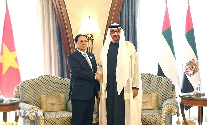 Thủ tướng Phạm Minh Chính gặp Tổng thống UAE Mohammed bin Zayed Al Nahyan, tháng 10/2023. (Nguồn: TTXVN) Thủ tướng Phạm Minh Chính gặp Tổng thống UAE Mohammed bin Zayed Al Nahyan, tháng 10/2023. (Nguồn: TTXVN)