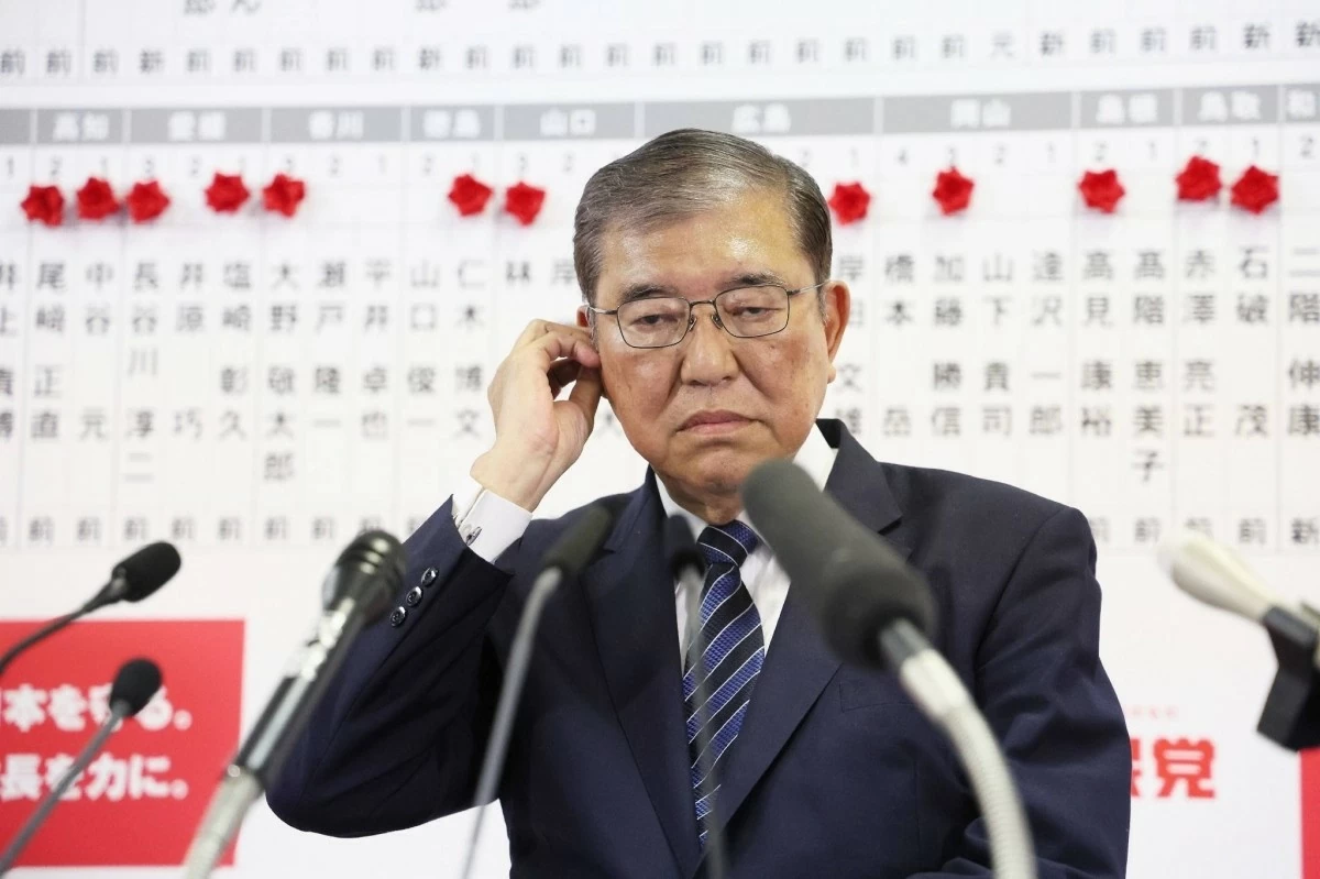 Prime Minister Shigeru Ishiba during an interview with reporters at the Liberal Democratic Party's headquarters in Tokyo on Sunday night | JIJI Prime Minister Shigeru Ishiba during an interview with reporters at the Liberal Democratic Party's headquarters in Tokyo on Sunday night | JIJI