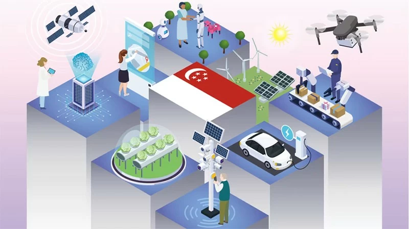 Từ sản xuất chip đến robot, việc phát triển nhiều dự án tiên tiến hơn đang trở thành ưu tiên quốc gia ở Singapore. (Minh họa của Nikkei) Từ sản xuất chip đến robot, việc phát triển nhiều dự án tiên tiến hơn đang trở thành ưu tiên quốc gia ở Singapore. (Minh họa của Nikkei)