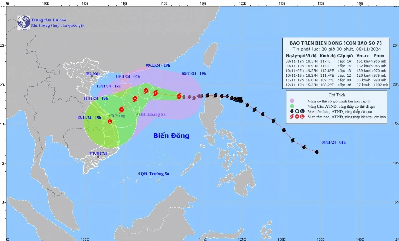 Dự báo bão số 7: Trên vùng biển phía Đông khu vực Bắc Biển Đông, gió giật cấp 17, sau có thể đổi hướng di chuyển và giảm dần cường độ Dự báo bão số 7: Trên vùng biển phía Đông khu vực Bắc Biển Đông, gió giật cấp 17, sau có thể đổi hướng di chuyển và giảm dần cường độ