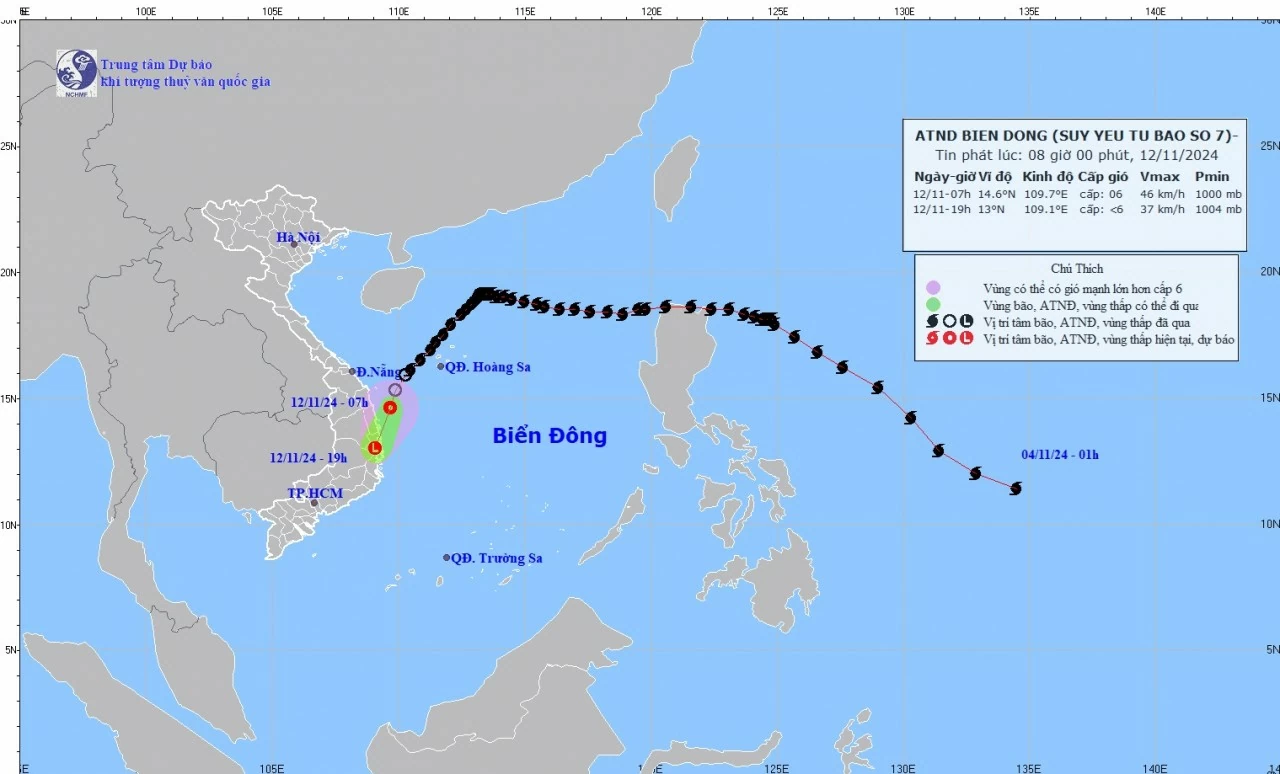 Dự báo ảnh hưởng áp thấp nhiệt đới (suy yếu từ bão số 7): Ngày 12/11, vùng biển Thừa Thiên Huế đến Phú Yên gió mạnh cấp 6, sóng biển cao 2-3m, biển độ Dự báo ảnh hưởng áp thấp nhiệt đới (suy yếu từ bão số 7): Ngày 12/11, vùng biển Thừa Thiên Huế đến Phú Yên gió mạnh cấp 6, sóng biển cao 2-3m, biển độ