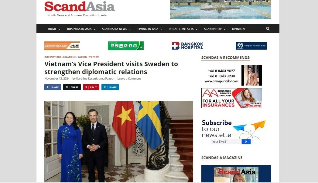 Truyền thông Thụy Điển nêu bật kết quả hợp tác phát triển bền vững trong chuyến thăm của Phó Chủ tịch nước Võ Thị Ánh Xuân Truyền thông Thụy Điển nêu bật kết quả hợp tác phát triển bền vững trong chuyến thăm của Phó Chủ tịch nước Võ Thị Ánh Xuân