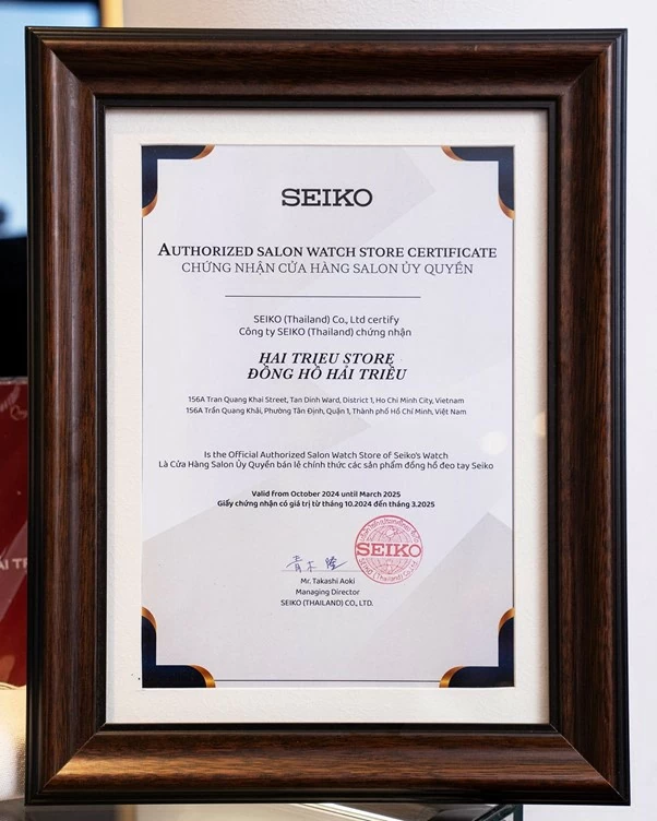 Chứng nhận Official Authorized Salon Watch Store of Seiko's Watch. Chứng nhận Official Authorized Salon Watch Store of Seiko's Watch.